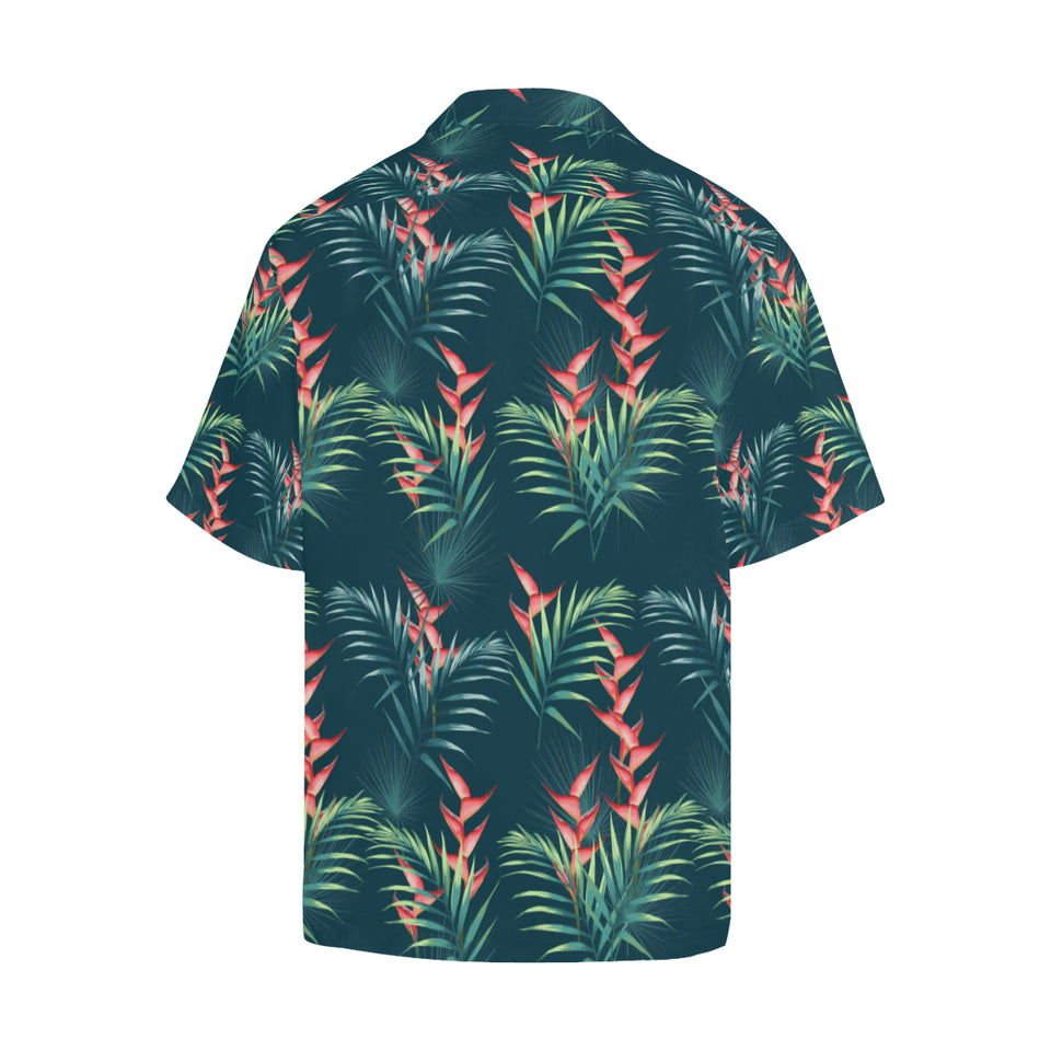 heliconia flowers, palm and monstera leaves on bla Men's All Over Print Hawaiian Shirt