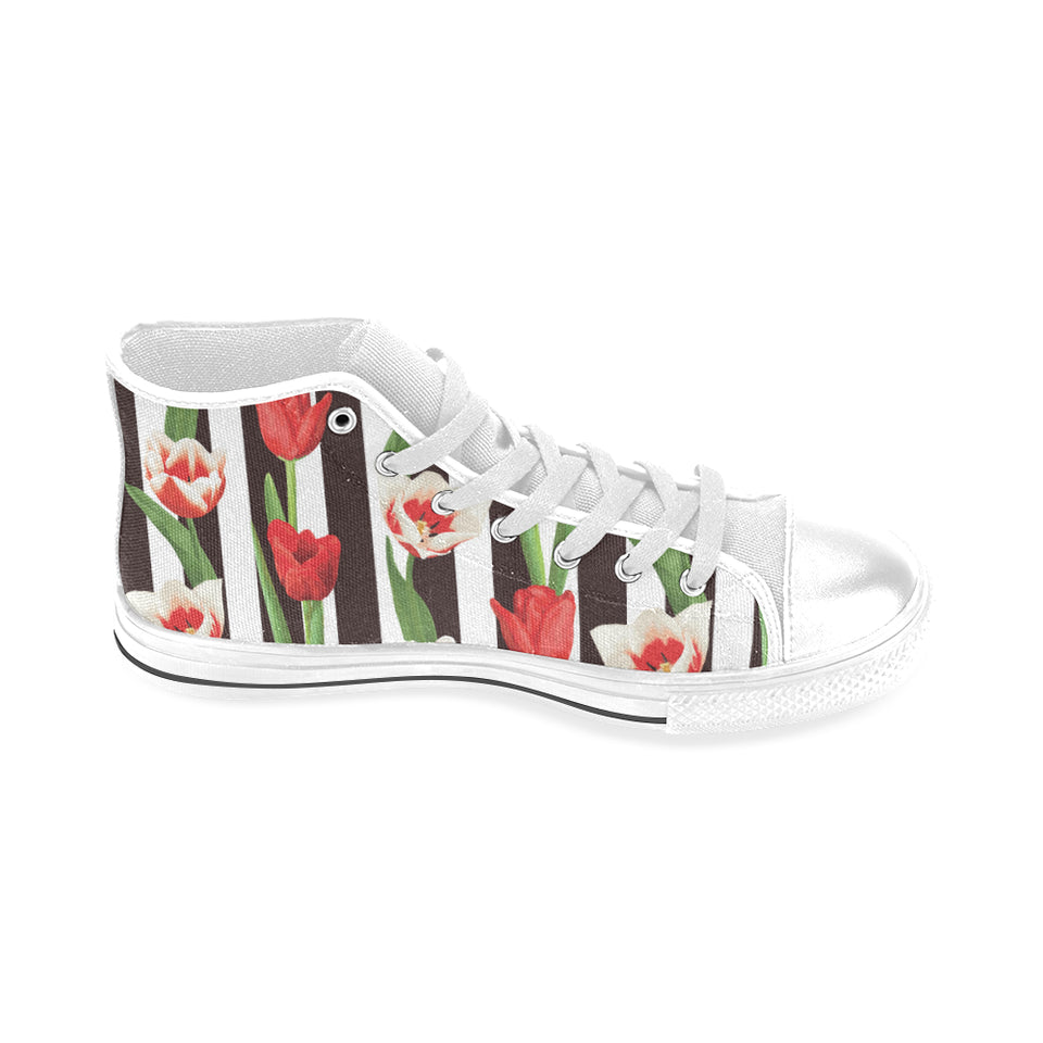red and white tulips pattern Men's High Top Canvas Shoes White
