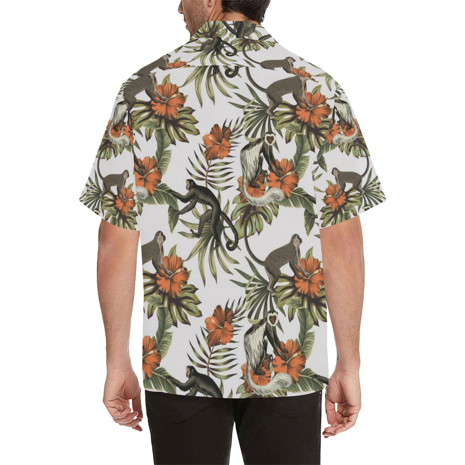 Monkey red hibiscus flower palm leaves floral patt Men's All Over Print Hawaiian Shirt