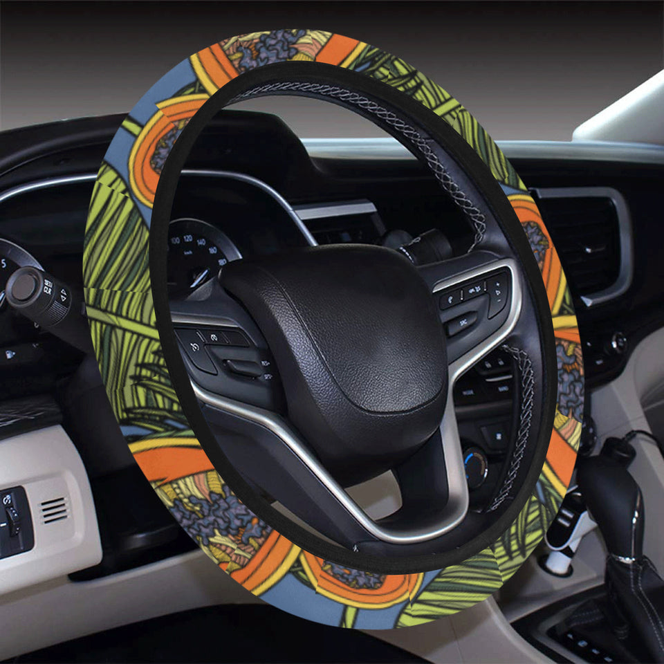 Colorful papaya tropical leaves Car Steering Wheel Cover