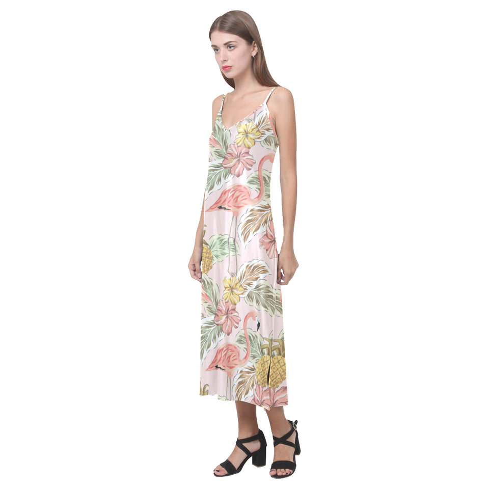Pink flamingo birds pineapples hibiscus flower pat V-Neck Open Fork Long Dress