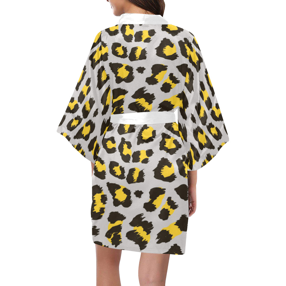 Gray Leopard print pattern Women's Short Kimono Robe