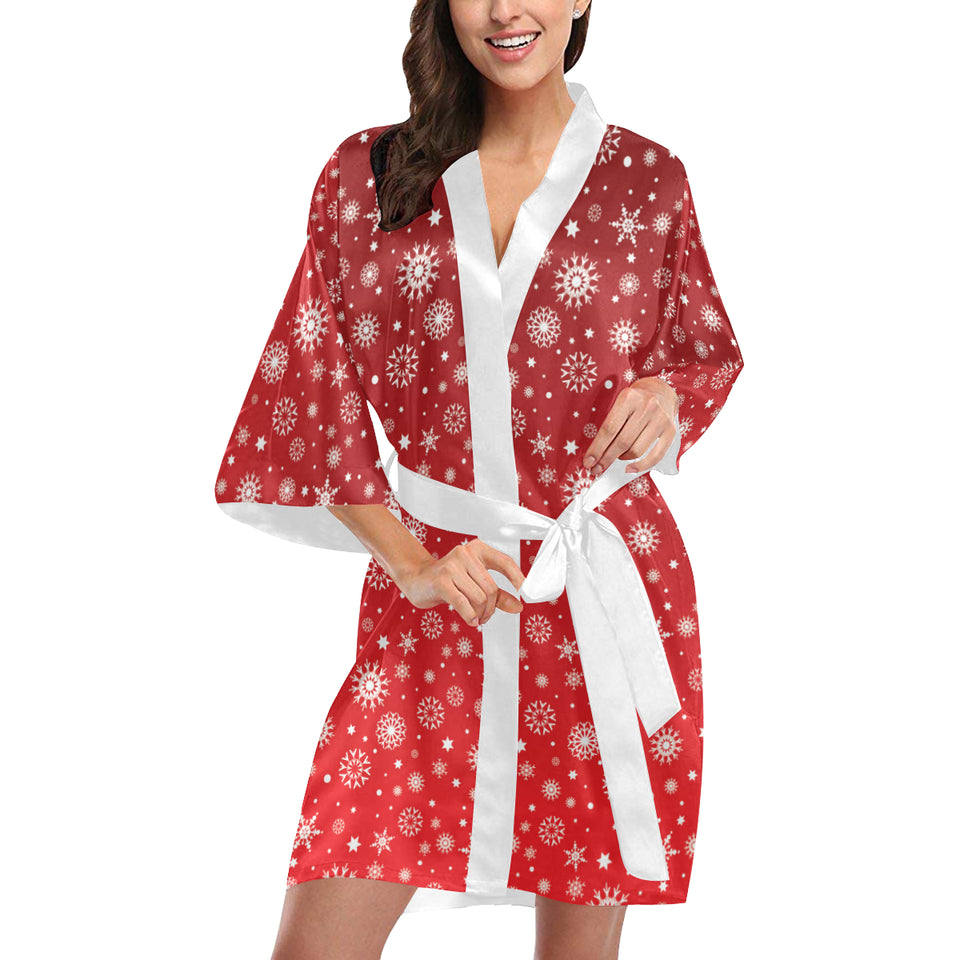 Snowflake pattern red background Women's Short Kimono Robe