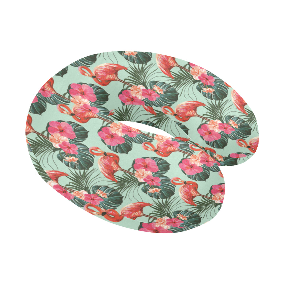 Beautiful flamingo tropical palm leaves hibiscus p U-Shaped Travel Neck Pillow