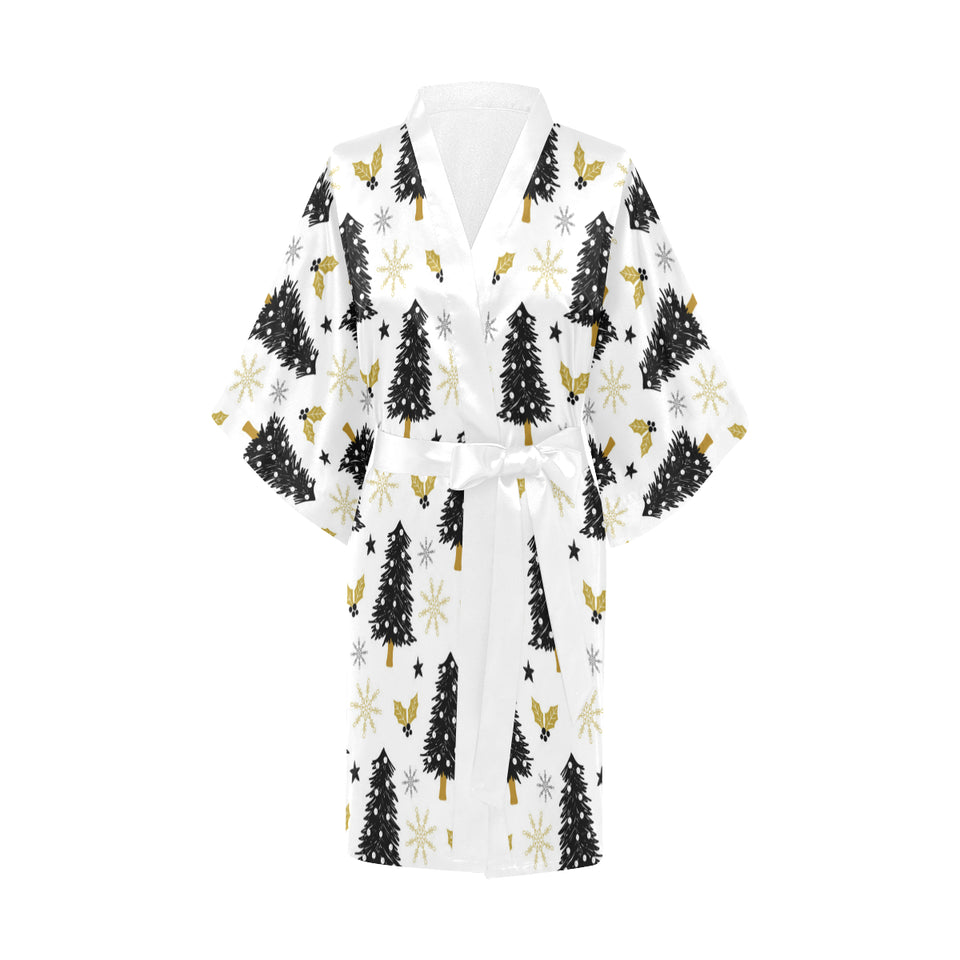 Christmas tree holly snow star pattern Women's Short Kimono Robe