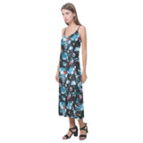 Skull flower roses leave pattern V-Neck Open Fork Long Dress