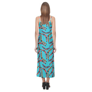 Boomerang Australian aboriginal ornament blue back V-Neck Open Fork Long Dress