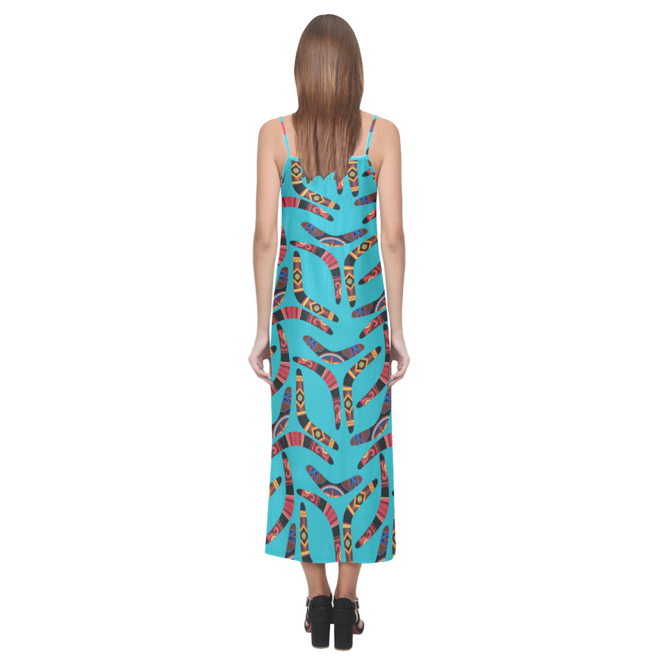 Boomerang Australian aboriginal ornament blue back V-Neck Open Fork Long Dress