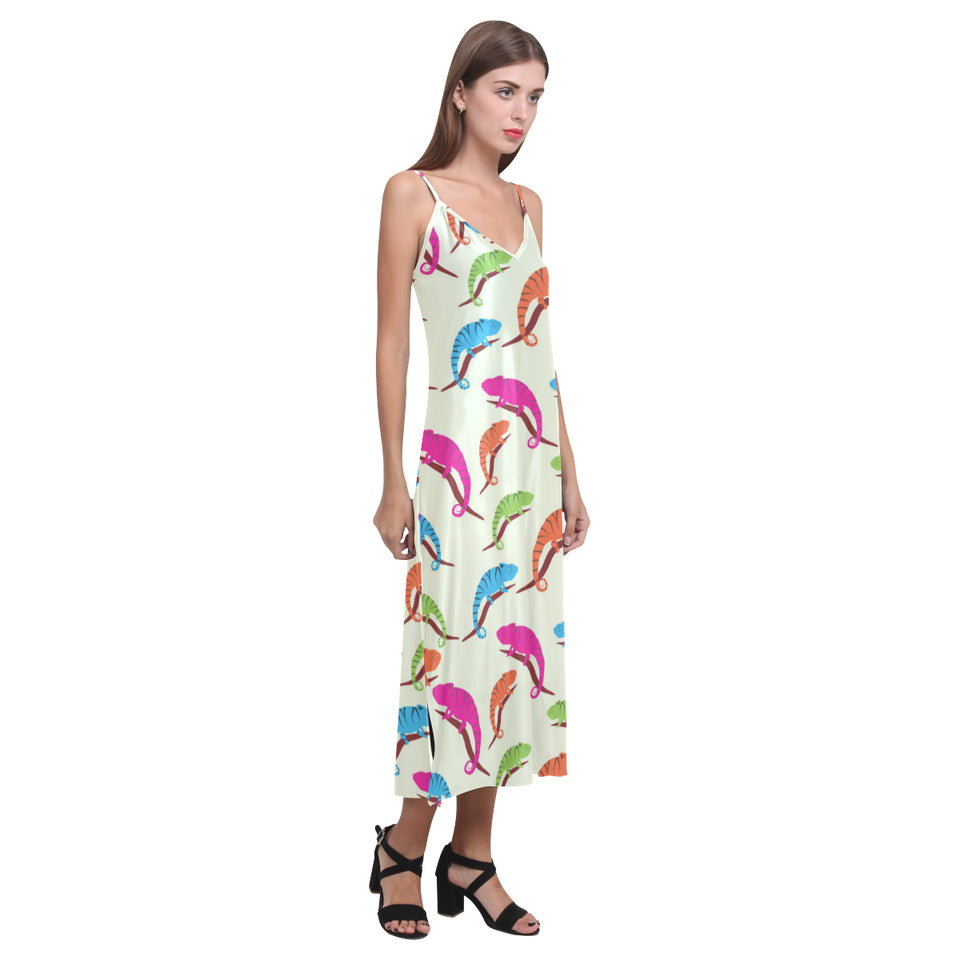 Colorful Chameleon lizard pattern V-Neck Open Fork Long Dress