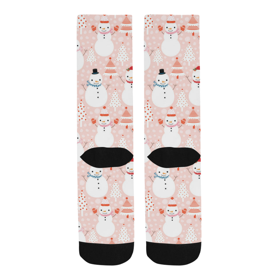 Cute snowman christmas tree snowpink background Crew Socks