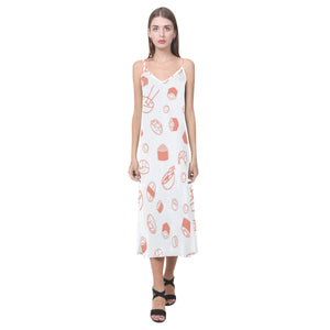 Sushi pattern V-Neck Open Fork Long Dress