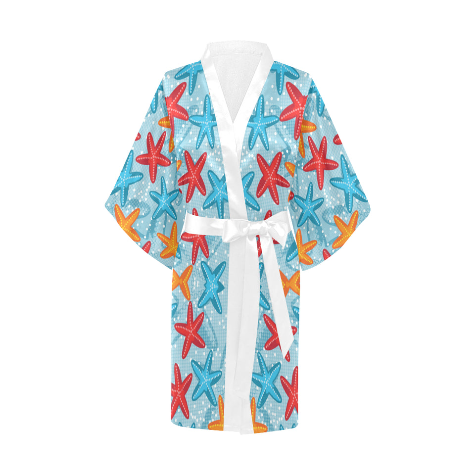 Blue red orange starfish pattern Women's Short Kimono Robe