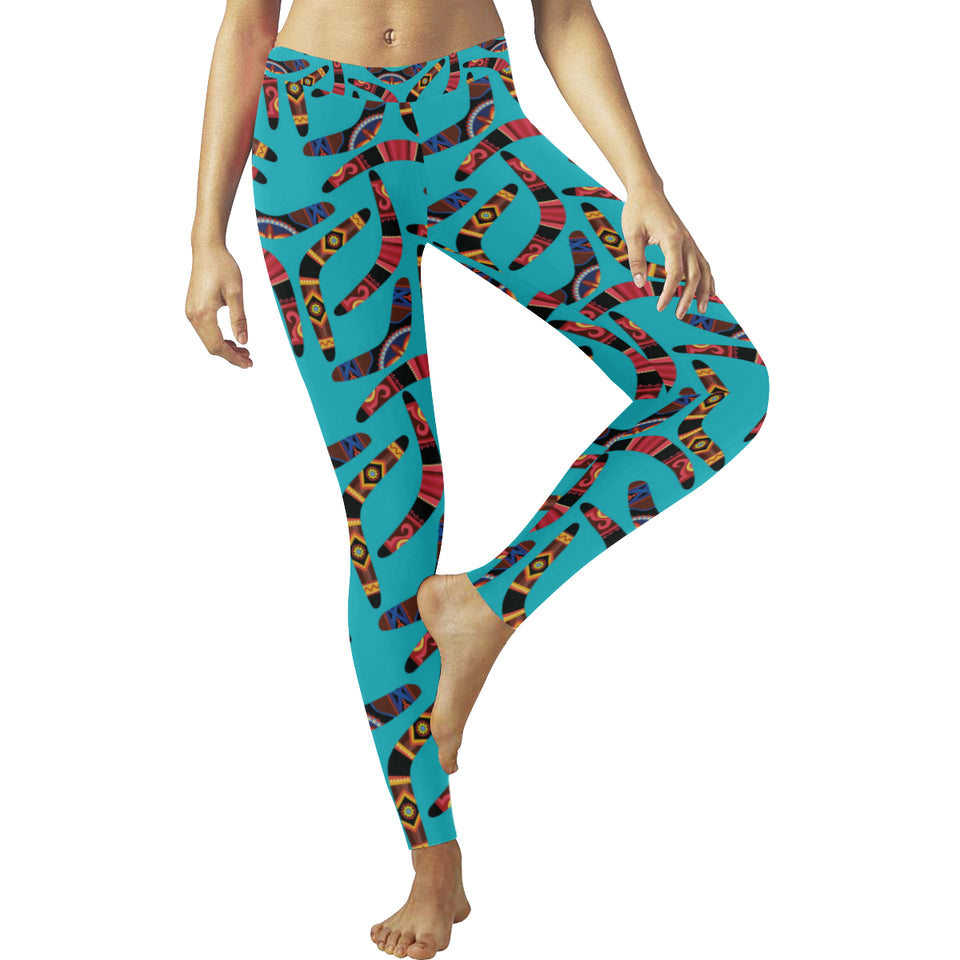 Boomerang Australian aboriginal ornament blue background Women's Legging Fulfilled In US