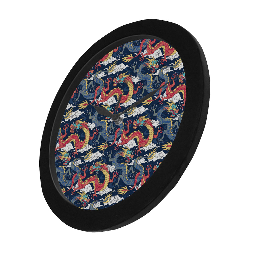 Blue red dragon cloud pattern Elegant Black Wall Clock