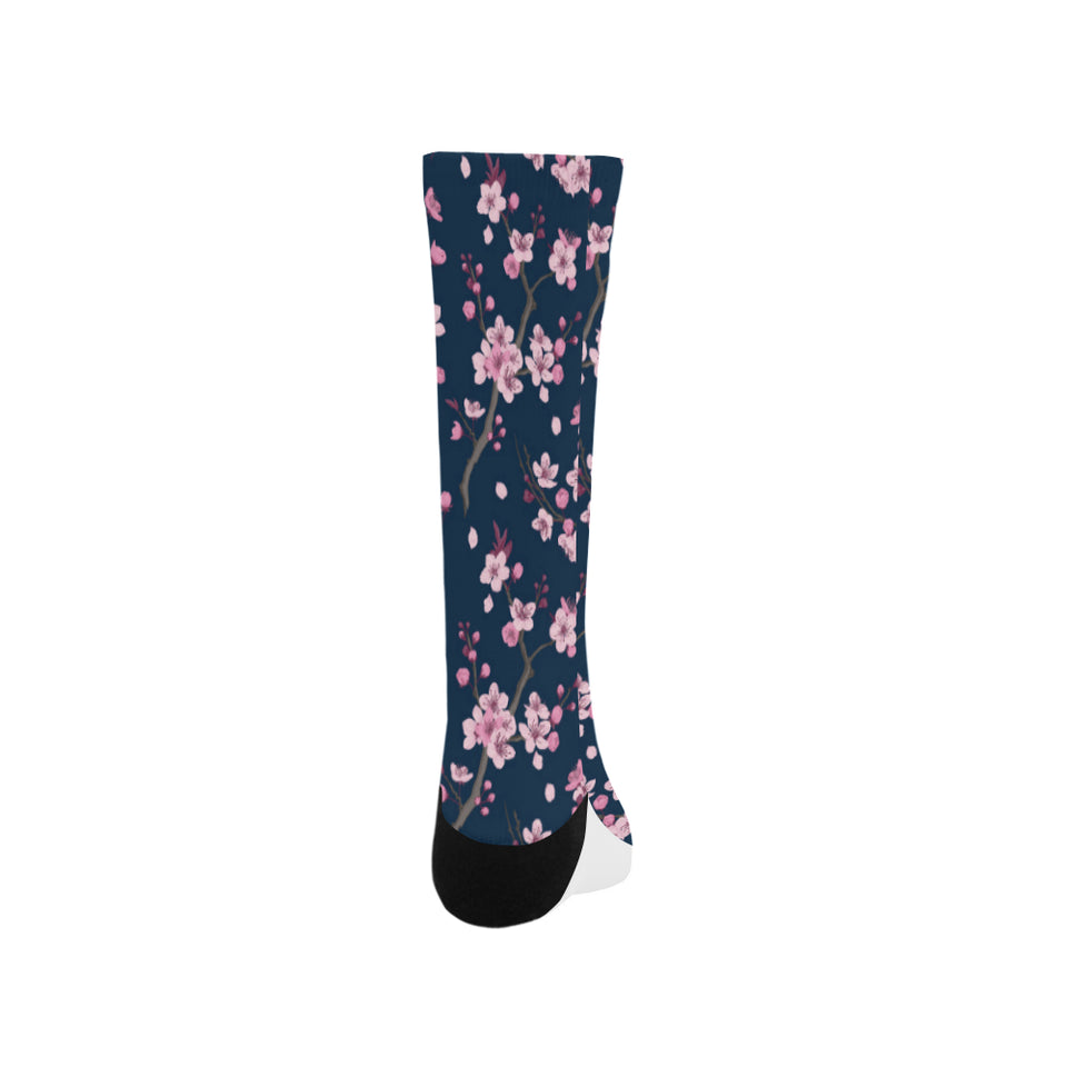 Pink sakura cherry blossom blue background Crew Socks