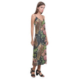 Horse head wild roses pattern V-Neck Open Fork Long Dress