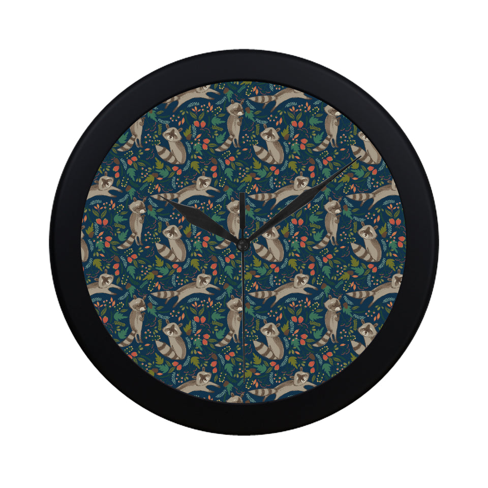 Raccoon tropical leaves pattern Elegant Black Wall Clock