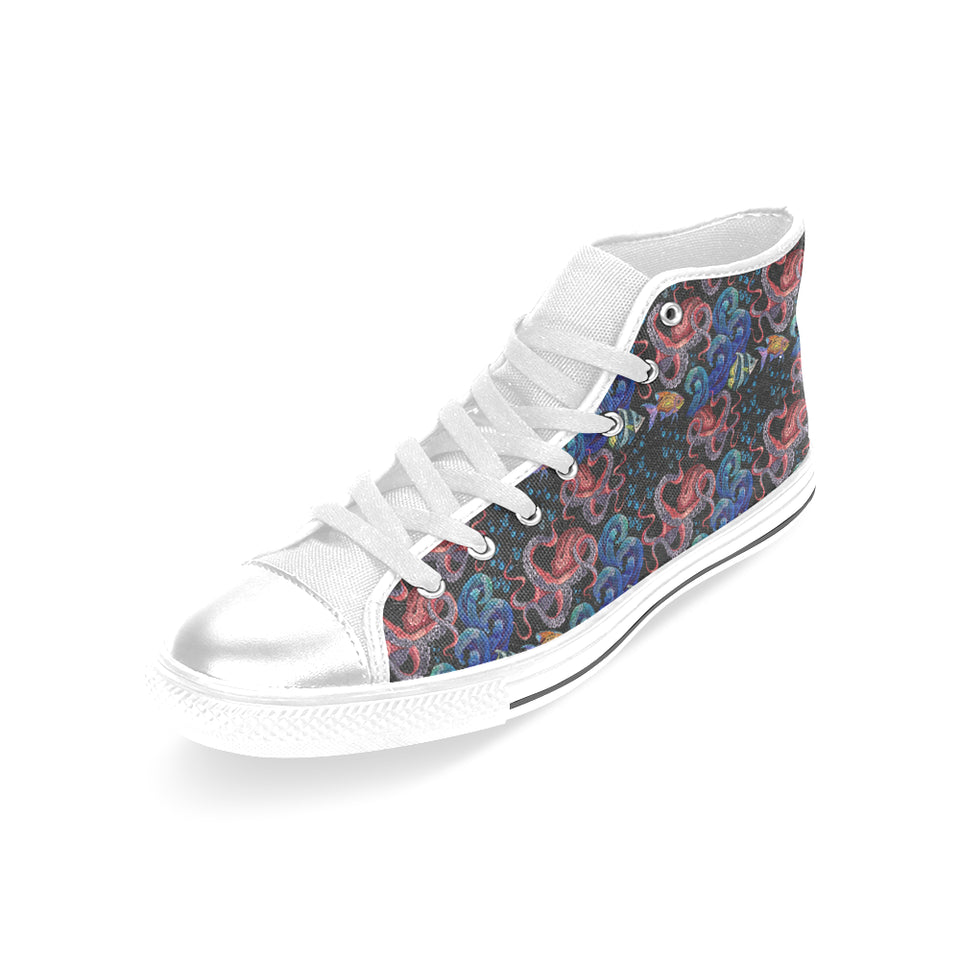 Octopus sea wave tropical fishe pattern Women's High Top Canvas Shoes White