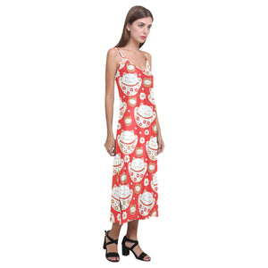 Cute Maneki neko cat red background V-Neck Open Fork Long Dress