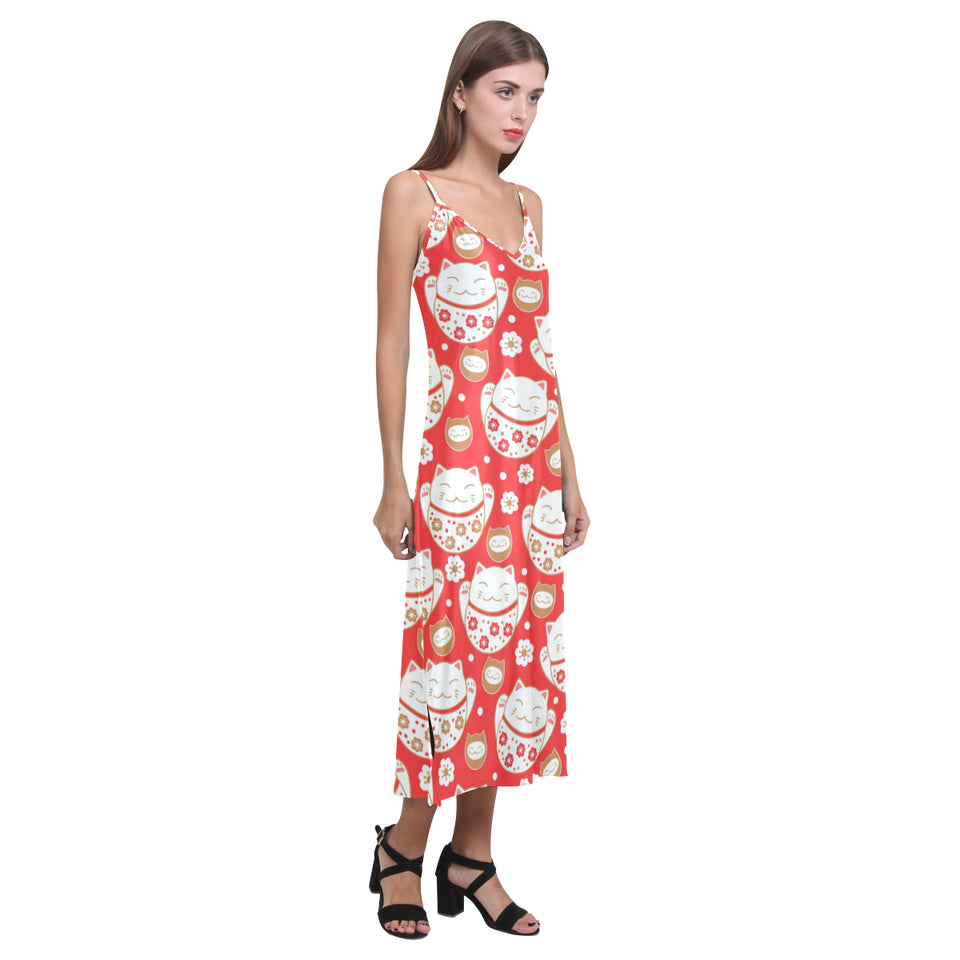 Cute Maneki neko cat red background V-Neck Open Fork Long Dress