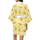 Saxophone cornet pattern yellow background Women's Short Kimono Robe
