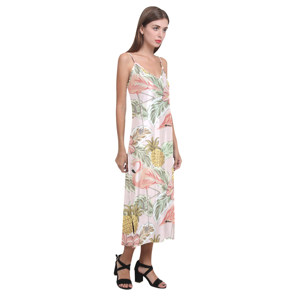 Pink flamingo birds pineapples hibiscus flower pat V-Neck Open Fork Long Dress