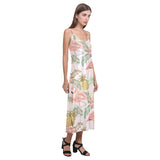Pink flamingo birds pineapples hibiscus flower pat V-Neck Open Fork Long Dress