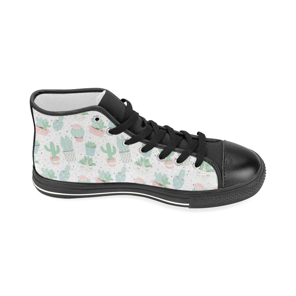 Pastel color cactus pattern Women's High Top Canvas Shoes Black