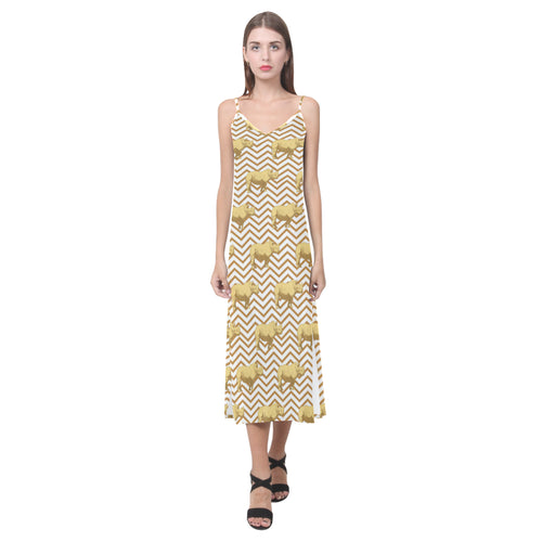 Rhino yellow theme pattern V-Neck Open Fork Long Dress