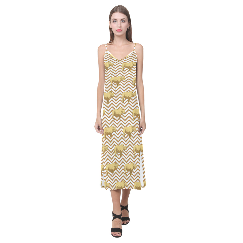 Rhino yellow theme pattern V-Neck Open Fork Long Dress