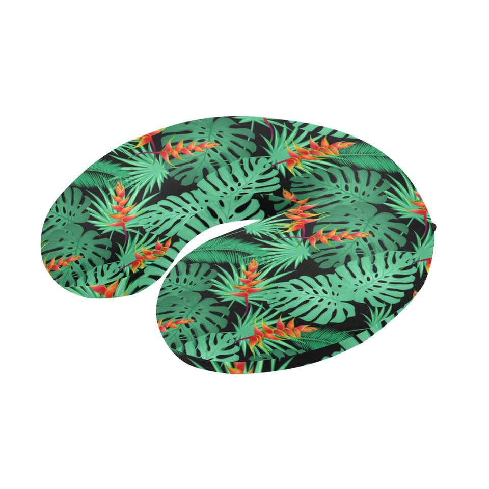 heliconia flower palm monstera leaves black backgr U-Shaped Travel Neck Pillow