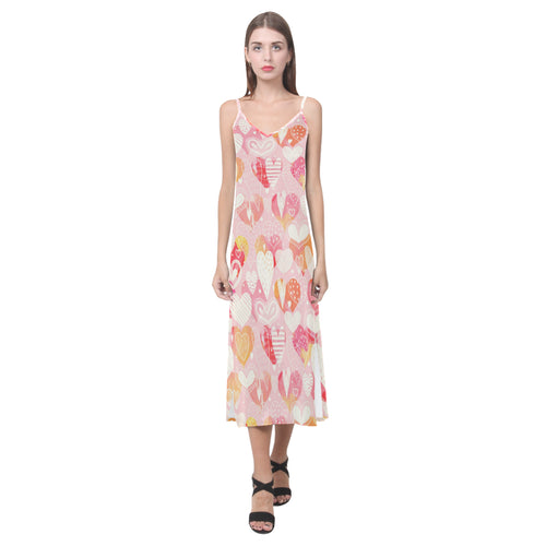 Hand drawn heart design pattern V-Neck Open Fork Long Dress