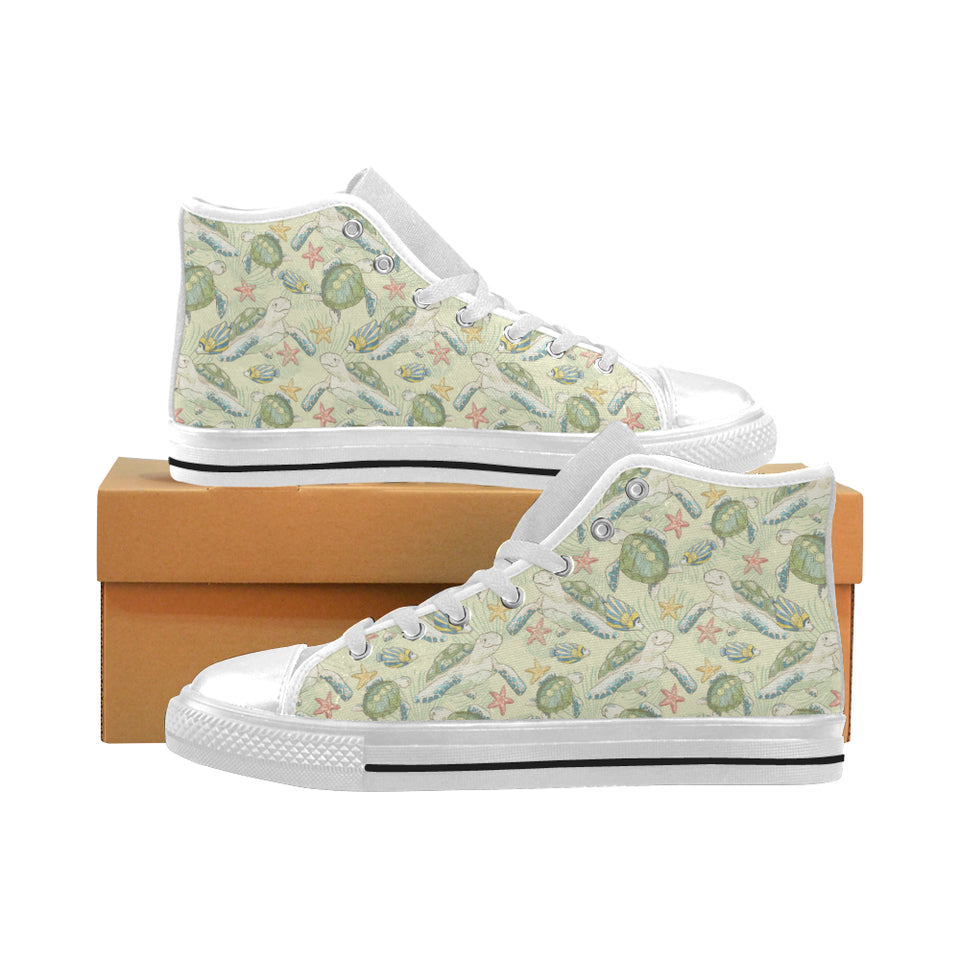 Hand drawn sea turtle fish pattern Men's High Top Canvas Shoes White