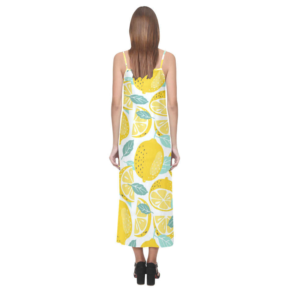 lemon design pattern V-Neck Open Fork Long Dress