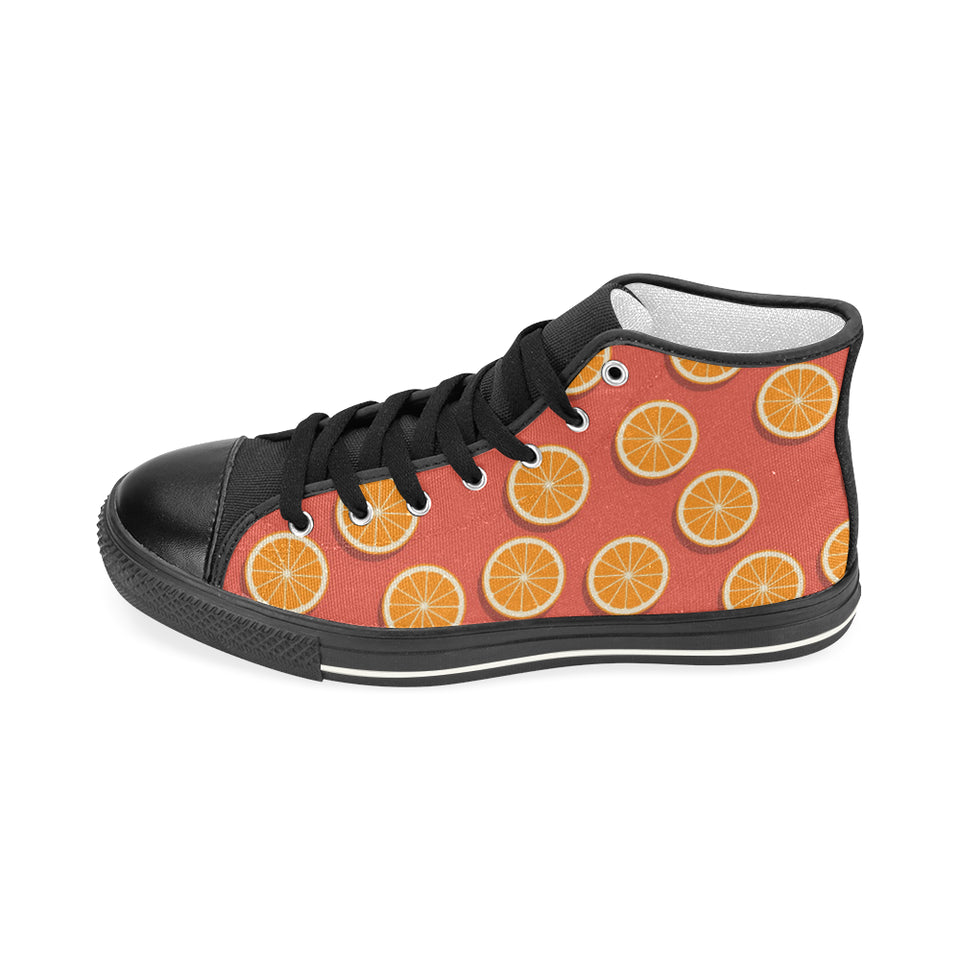 Oranges pattern red background Women's High Top Canvas Shoes Black