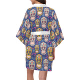 Sugar skull flower pattern Women's Short Kimono Robe
