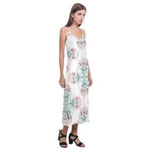Square floral indian flower pattern V-Neck Open Fork Long Dress