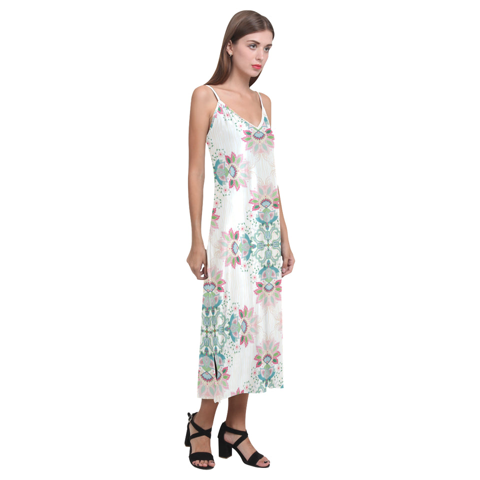 Square floral indian flower pattern V-Neck Open Fork Long Dress