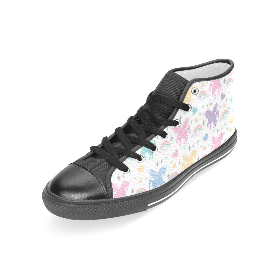 colorful unicorn rainbow heart pattern Women's High Top Canvas Shoes Black