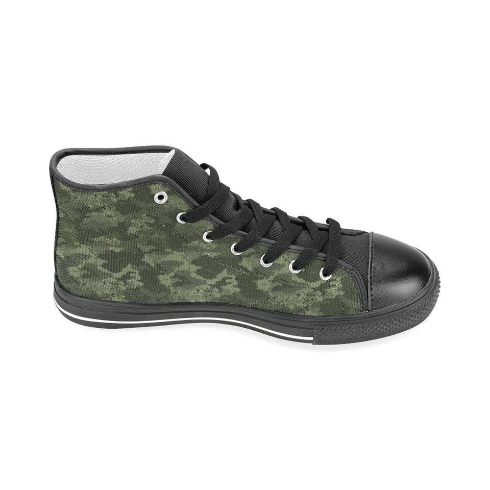 Digital Green camouflage pattern Men's High Top Canvas Shoes Black