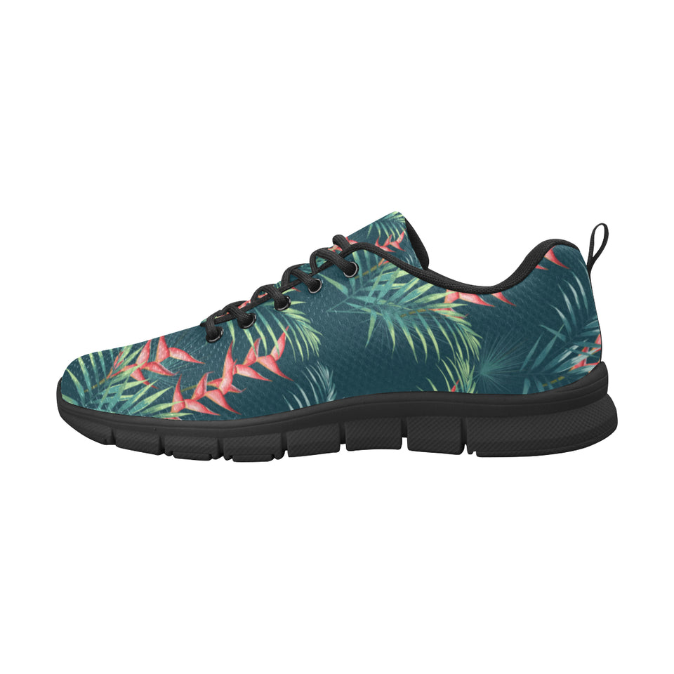 heliconia flowers, palm and monstera leaves on bla Women's Sneaker Shoes