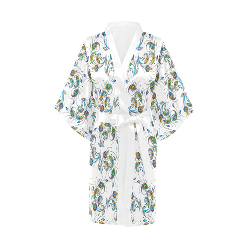 Peacock feather pattern Women's Short Kimono Robe