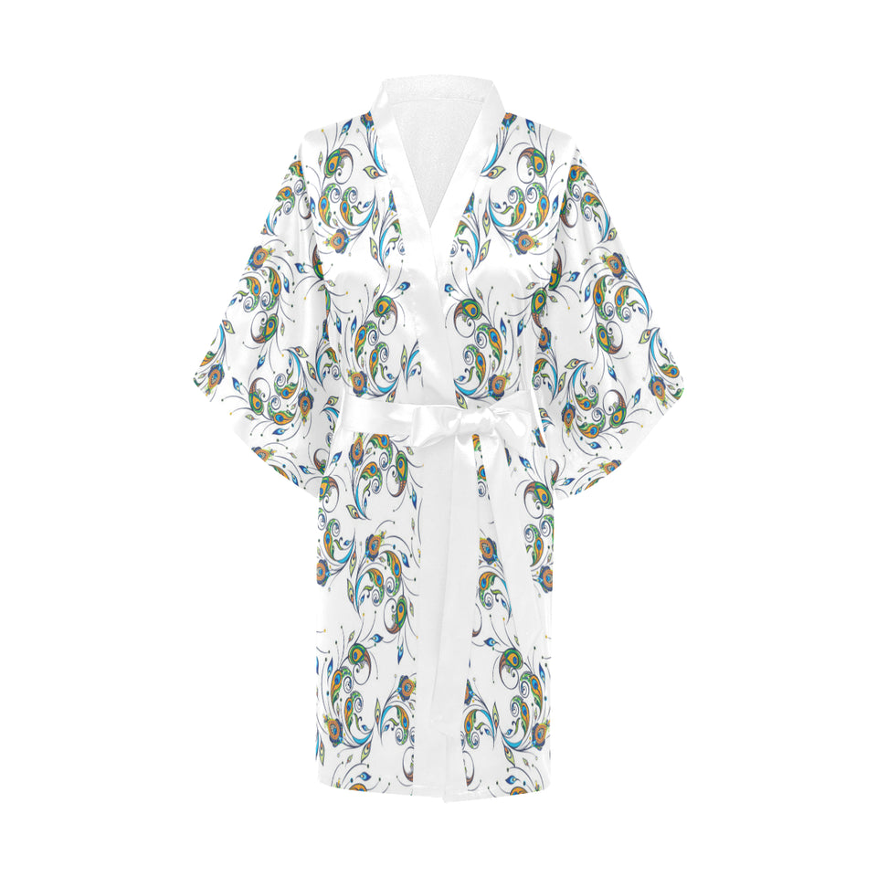 Peacock feather pattern Women's Short Kimono Robe