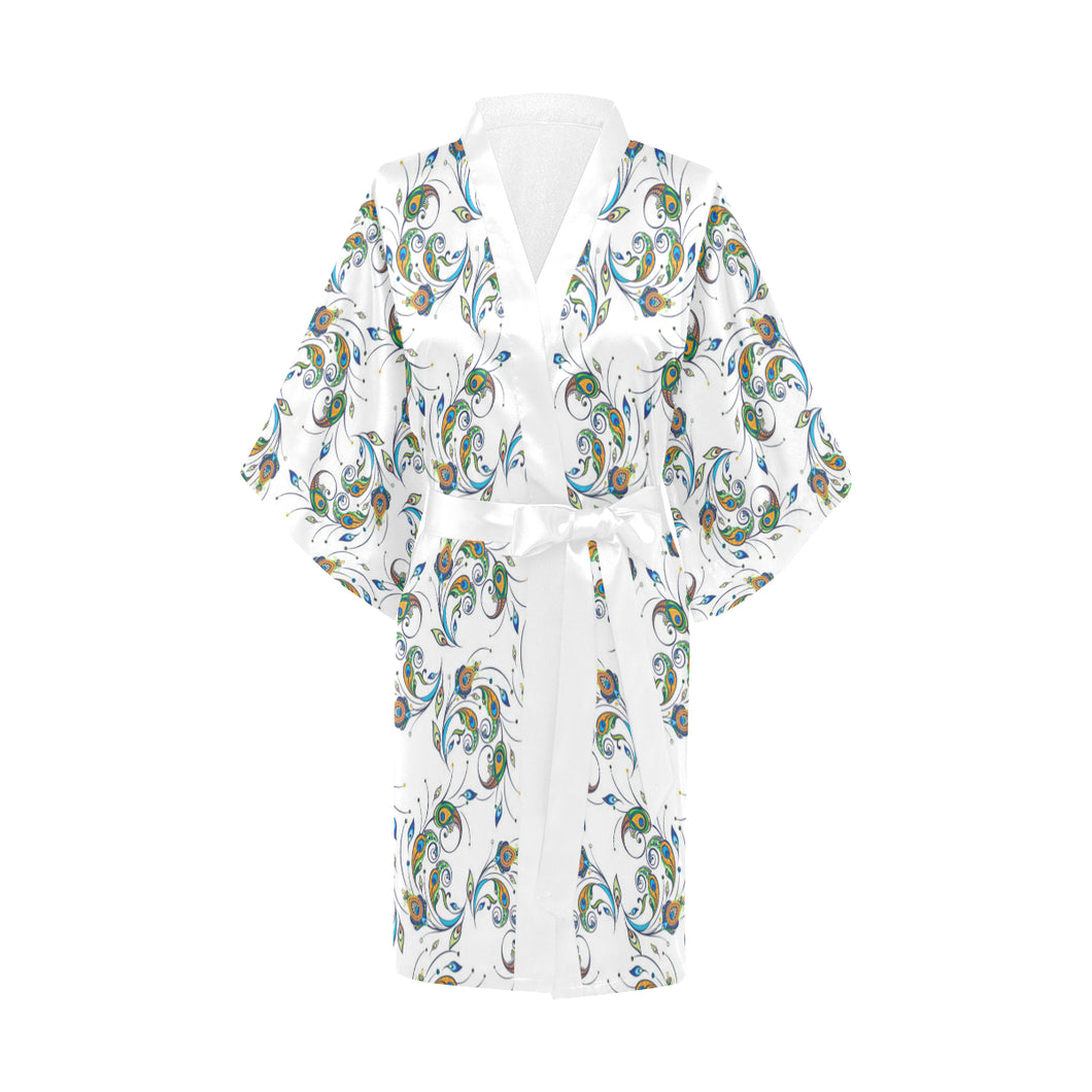 Peacock feather pattern Women's Short Kimono Robe