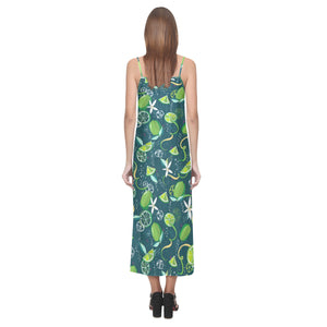Lime ice flower pattern V-Neck Open Fork Long Dress