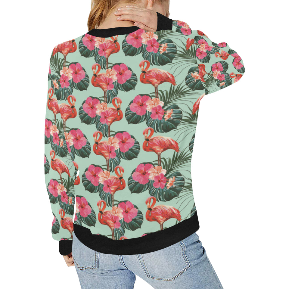 Beautiful flamingo tropical palm leaves hibiscus p Women's Crew Neck Sweatshirt