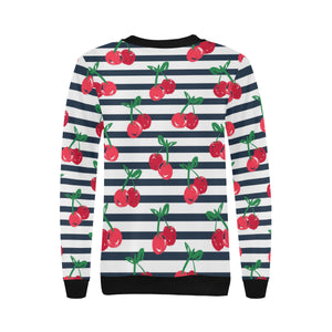 Hand drawn cherry pattern striped background Women's Crew Neck Sweatshirt