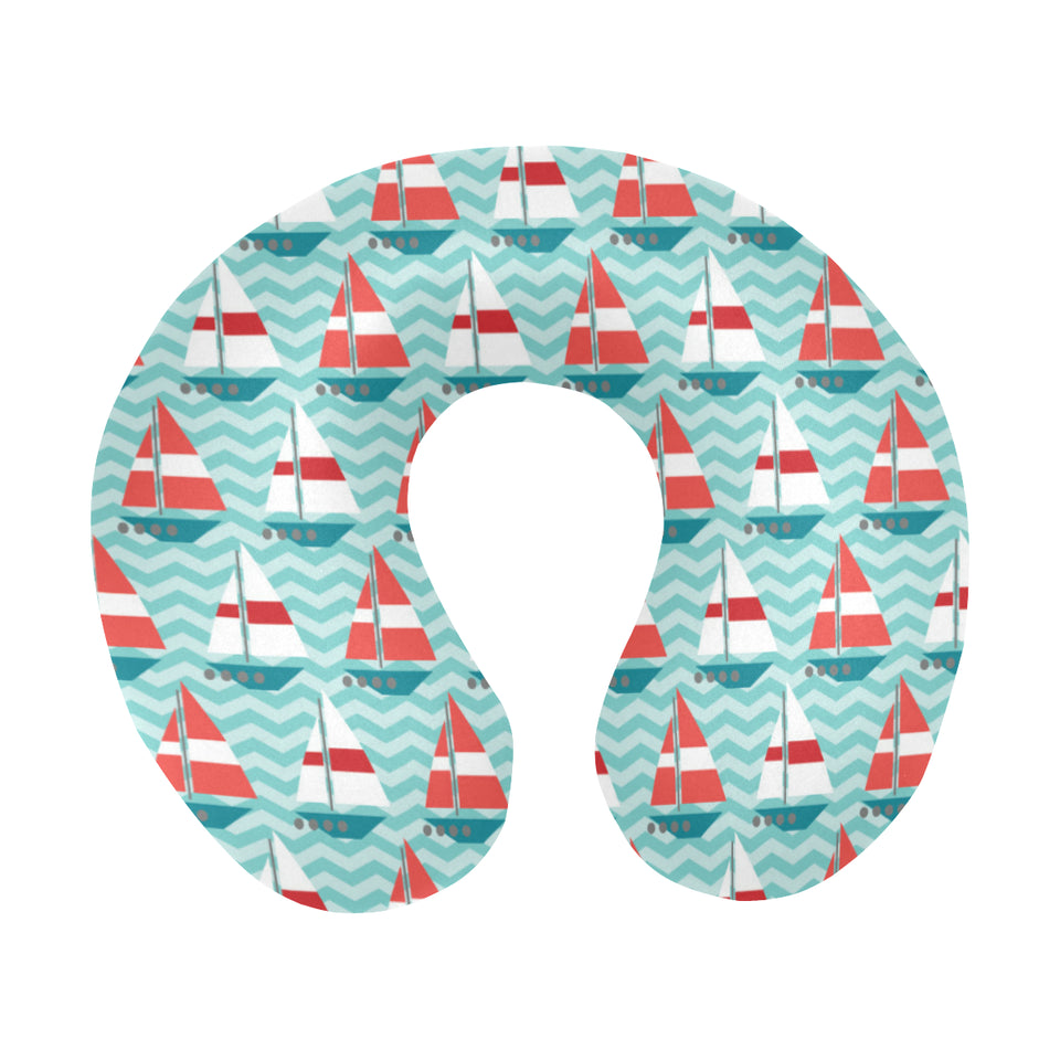 Red White sailboat wave background U-Shaped Travel Neck Pillow