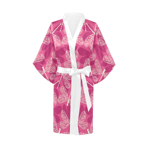 Beautiful dragonfly pink background Women's Short Kimono Robe