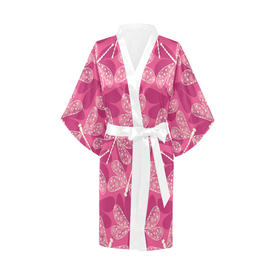 Beautiful dragonfly pink background Women's Short Kimono Robe